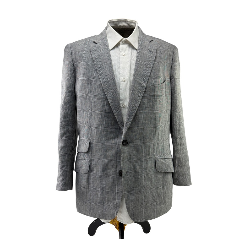 Turnbull & Asser Mens 44R Sport Coat Gray Blue Linen Wool Silk Plaid Made Italy